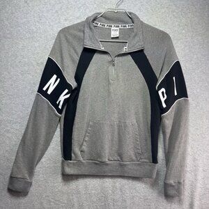 Victorias Secret PINK Pullover Sweater Medium Black Gray White 1/4 Zip Pocket